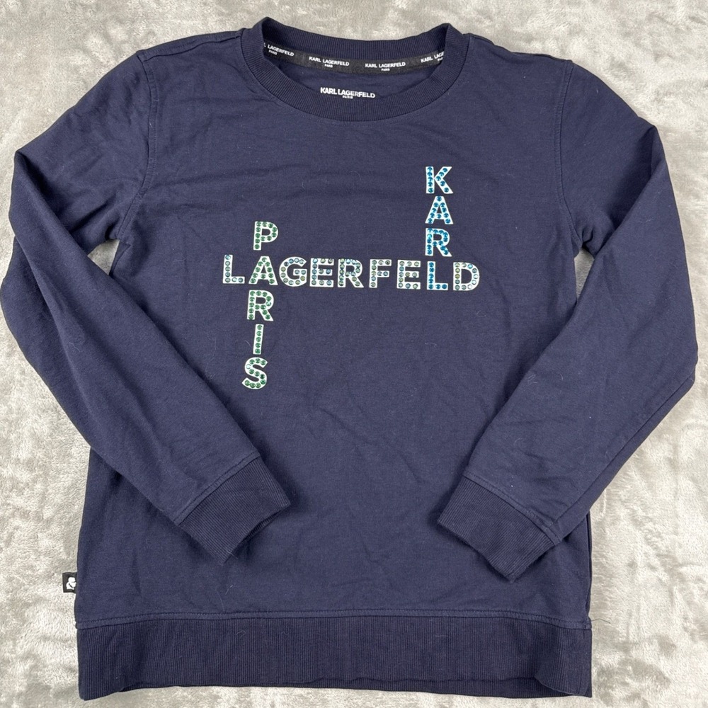 Karl Lagerfeld Paris Navy Blue Rhinestone Logo Sweatshirt XXS Crossword Design